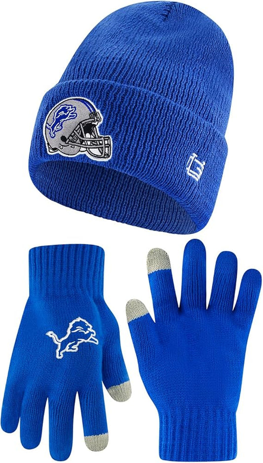 Ultra Game NFL Official Adults Super Soft Heritage Logo Winter Beanie Knit Hat with Extra Warm Touch Screen Gloves, Detroit Lions, Team Color, One Size|Detroit Lions