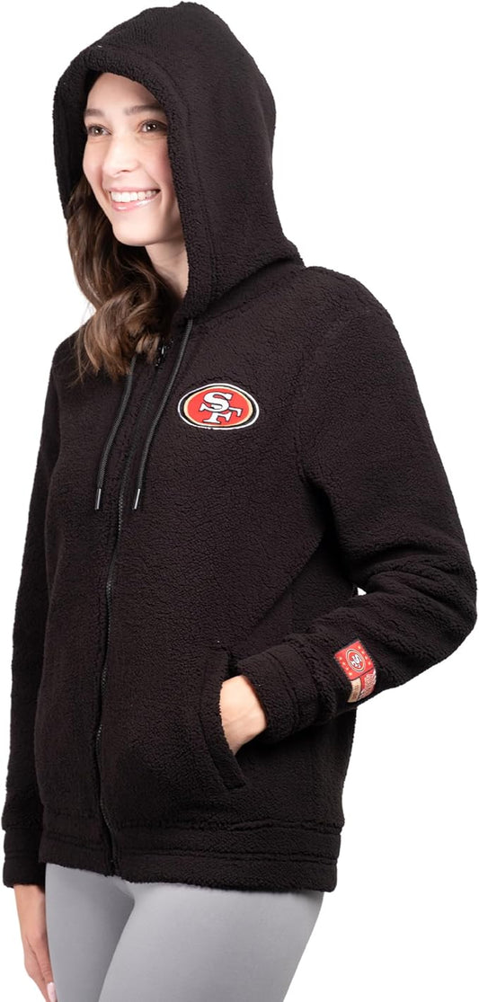 NFL Official Women's Full Zip Super Soft Sherpa Hoodie Sweatshirt Jacket - Warm Fleece Blend|San Francisco 49ers