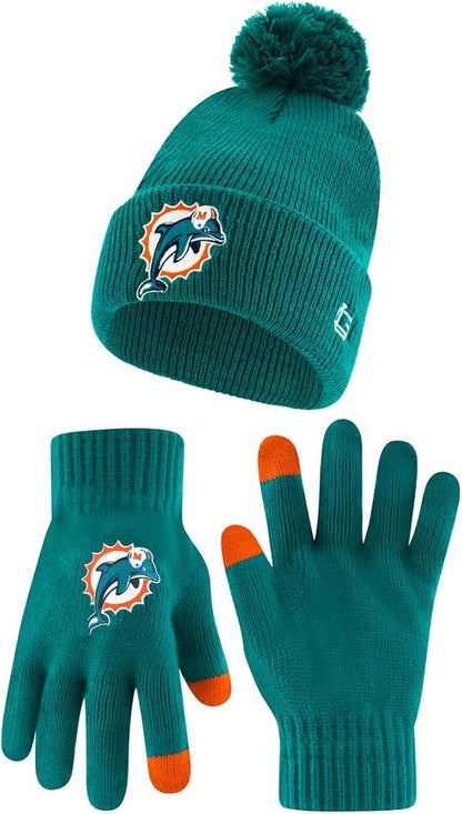 NFL Official Adults Super Soft Winter Beanie Knit Hat with Extra Warm Touch Screen Gloves|Miami Dolphins