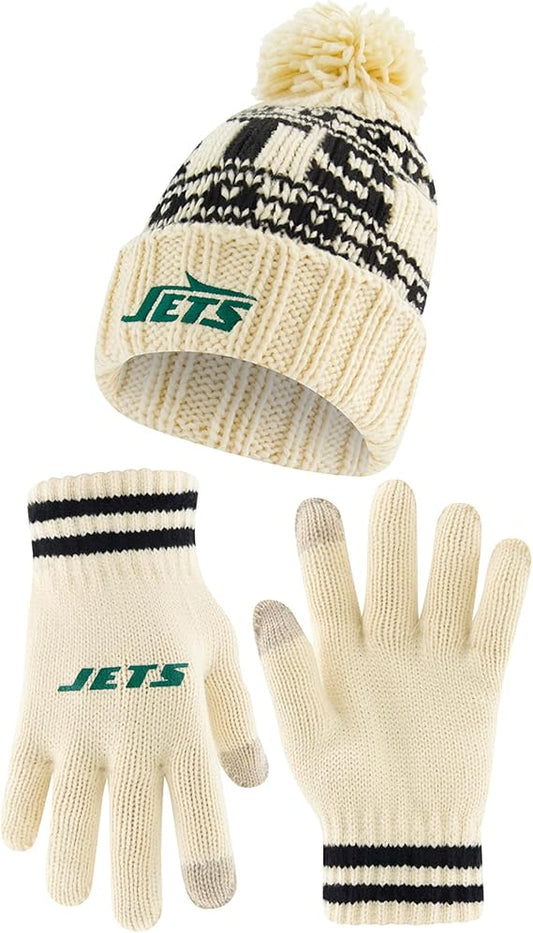 Ultra Game Youth NFL Official Super Soft Cable Knit Winter Beanie Knit Hat with Extra Warm Touch Screen Gloves|New York Jets