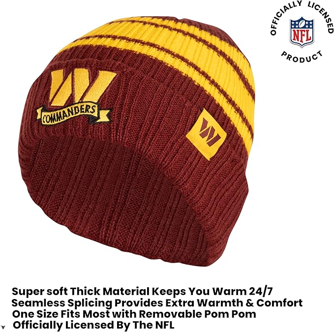 Ultra Game Youth NFL Official Super Soft Team Stripe Winter Beanie Knit Hat with Extra Warm Touch Screen Gloves|Washington Commanders