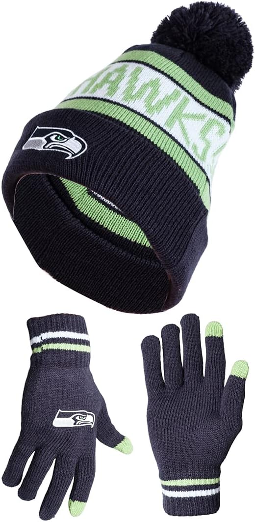 Ultra Game NFL Official Adults Unisex Super Soft Winter Beanie Knit Hat With Extra Warm Touch Screen Gloves, Seattle Seahawks, Team Color, 1SIZE|Seattle Seahawks