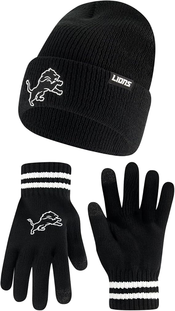 Ultra Game NFL Official Adults Super Soft Marled Winter Beanie Knit Hat with Extra Warm Touch Screen Gloves, Detroit Lions, Black, One Size|Detroit Lions