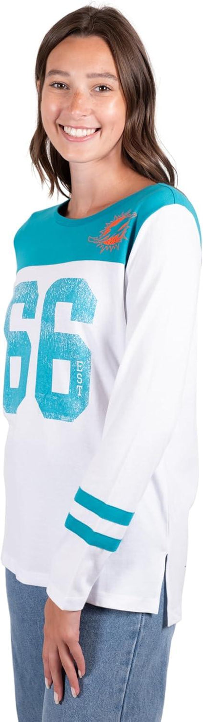 Ultra Game NFL Official Women's Super Soft Raglan Vintage Baseball T-Shirt, Miami Dolphins, White|Miami Dolphins