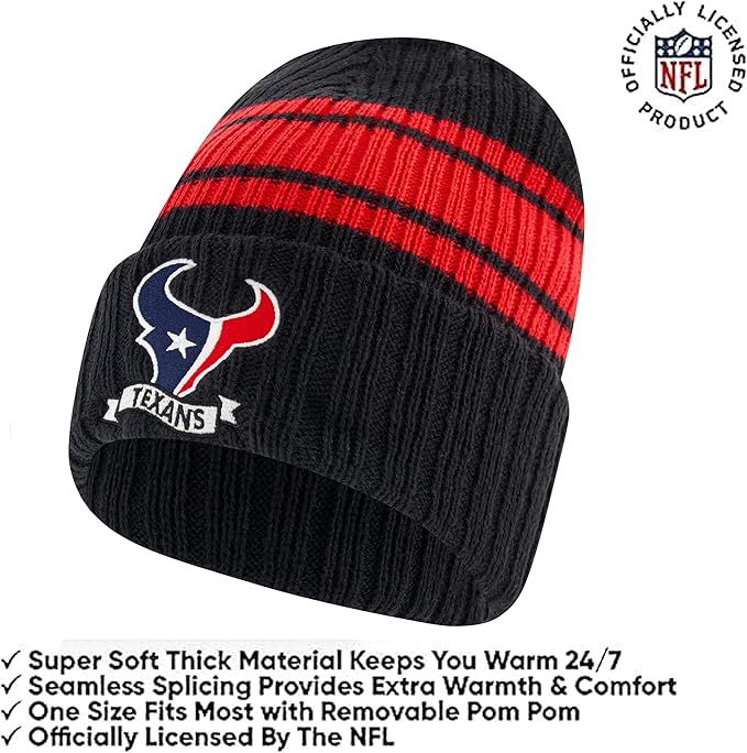 Ultra Game Youth NFL Official Super Soft Team Stripe Winter Beanie Knit Hat with Extra Warm Touch Screen Gloves|Houston Texans