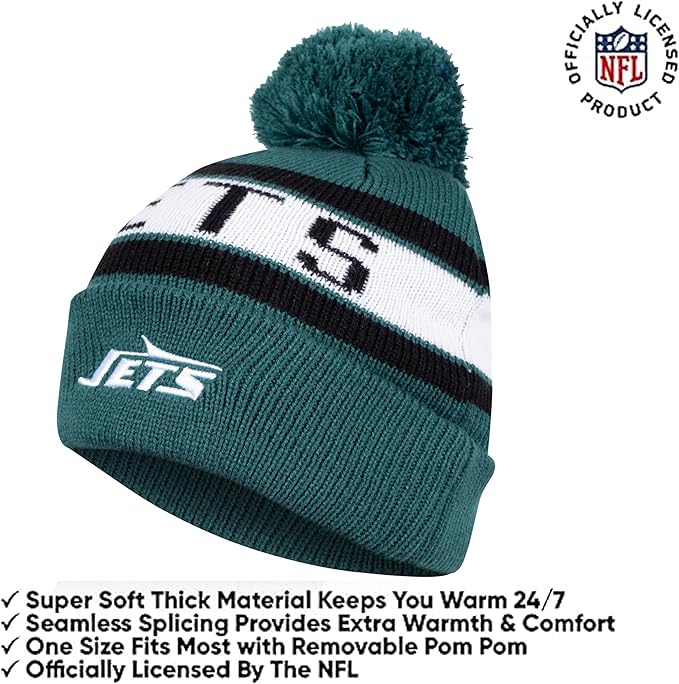 Ultra Game NFL Official Adults Unisex Super Soft Winter Beanie Knit Hat With Extra Warm Touch Screen Gloves, New York Jets, Team Color, 1SIZE|New York Jets