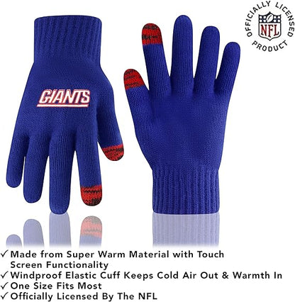 Ultra Game NFL Official Youth Super Soft Two Tone Winter Beanie Knit Hat with Extra Warm Touch Screen Gloves, New York Giants, Team Color, One Size|New York Giants