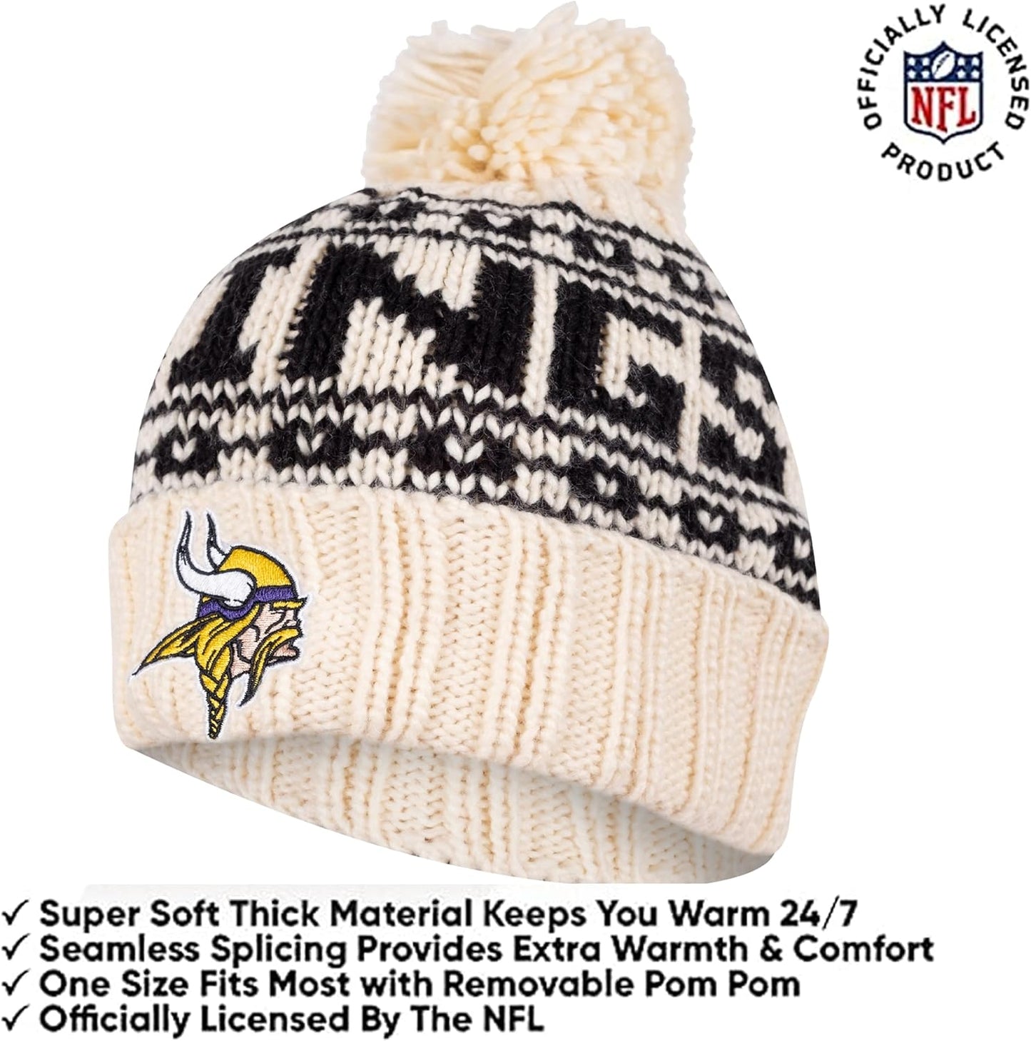 Ultra Game NFL Official Adults Super Soft Cable Knit Winter Beanie Knit Hat with Extra Warm Touch Screen Gloves, Minnesota Vikings, One Size|Minnesota Vikings