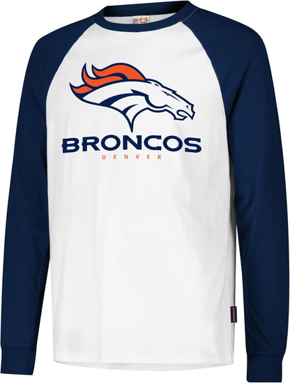 Ultra Game NFL Official Adults Super Soft Raglan Baseball Long Sleeve T-Shirt, Denver Broncos, White|Denver Broncos