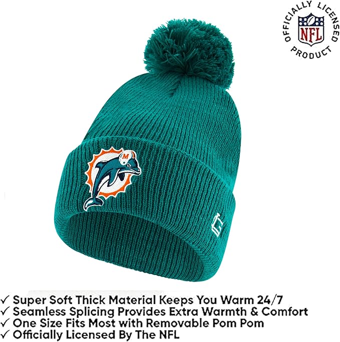 NFL Official Adults Super Soft Winter Beanie Knit Hat with Extra Warm Touch Screen Gloves|Miami Dolphins