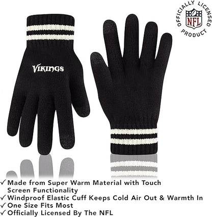 Ultra Game NFL Official Adults Super Soft Cable Knit Winter Beanie Knit Hat with Extra Warm Touch Screen Gloves, Minnesota Vikings, One Size|Minnesota Vikings