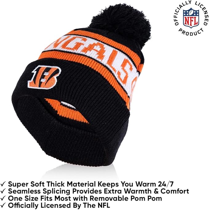 Ultra Game NFL Official Adults Unisex Super Soft Winter Beanie Knit Hat With Extra Warm Touch Screen Gloves, Cincinnati Bengals, Team Color 2, 1SIZE|Cincinnati Bengals