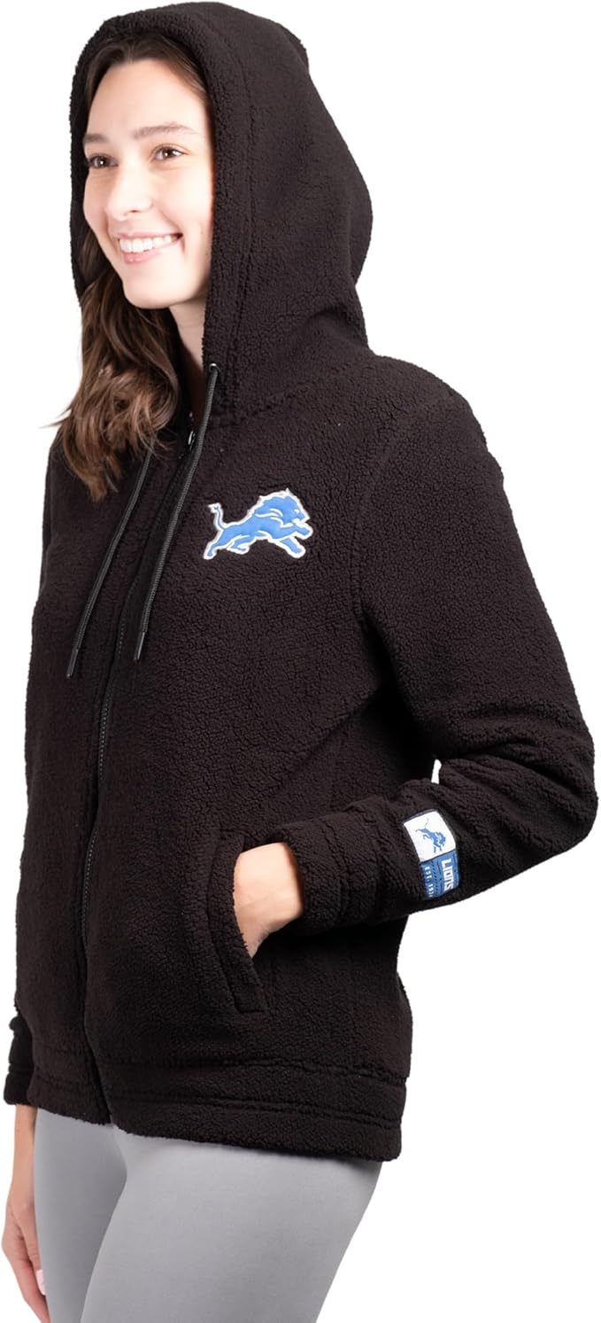 NFL Detroit Lions Womens Full Zip Soft Sherpa Hoodie Sweatshirt Jacket|Detroit Lions