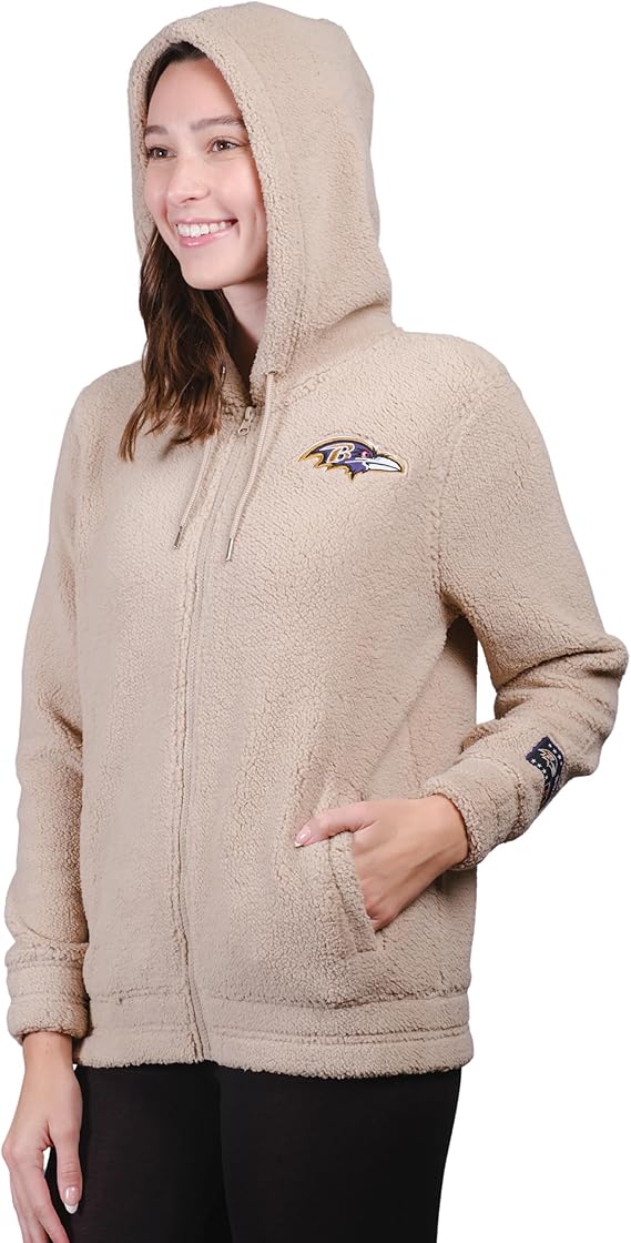 Ultra Game NFL Official Women's Super Soft Sherpa Full Zip Hoodie Sweatshirt Jacket, Baltimore Ravens, Sand|Baltimore Ravens