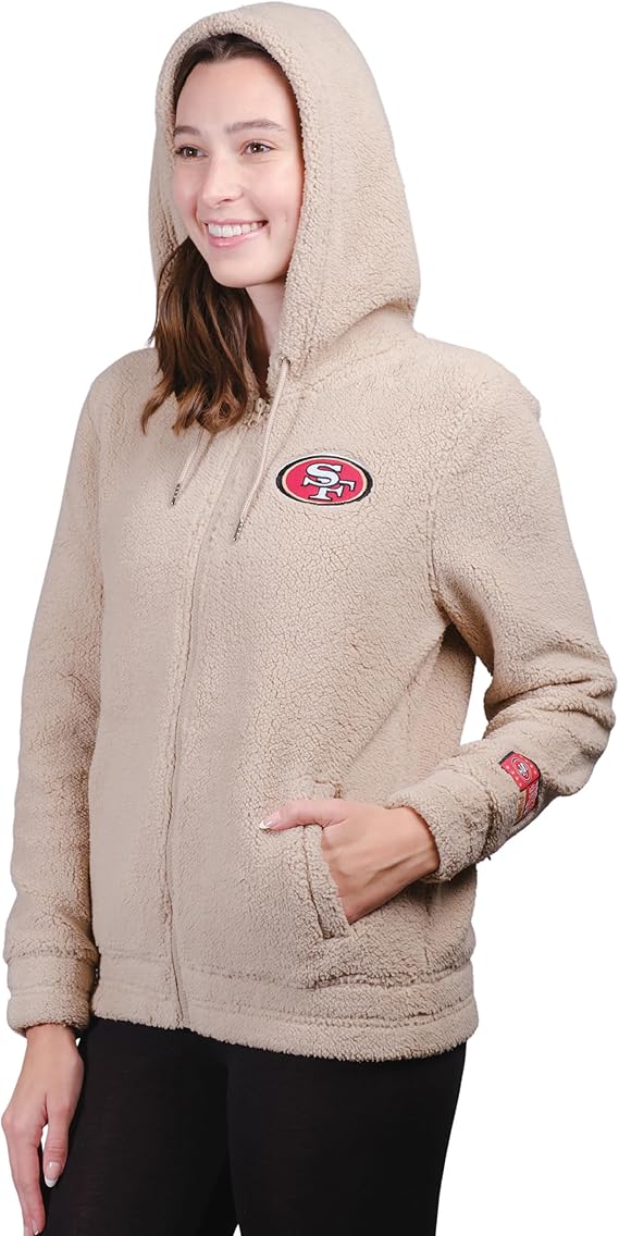 Ultra Game NFL Official Women's Super Soft Sherpa Full Zip Hoodie Sweatshirt Jacket, San Francisco 49ers, Sand|San Francisco 49ers