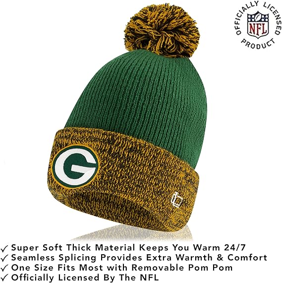 NFL Official Adults Super Soft Two Tone Winter Beanie Knit Hat with Extra Warm Touch Screen Gloves|Green Bay Packers