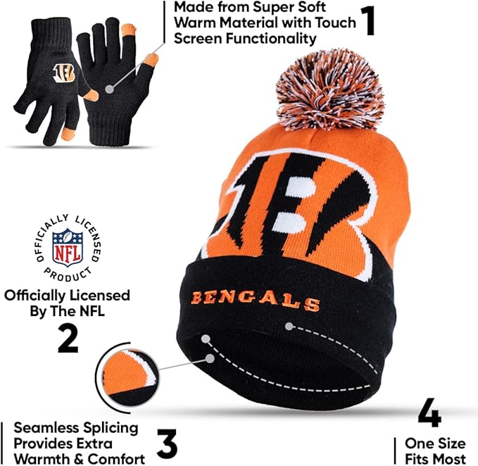 NFL Official Adults Unisex Super Soft Winter Beanie Knit Hat With Extra Warm Touch Screen Gloves|Cincinnati Bengals