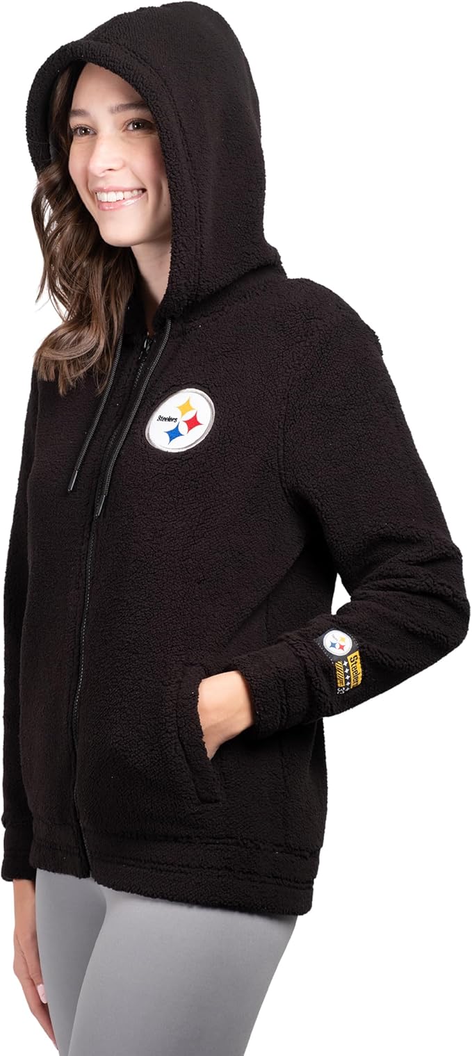 NFL Official Women's Full Zip Soft Sherpa Hoodie Sweatshirt Jacket|Pittsburgh Steelers