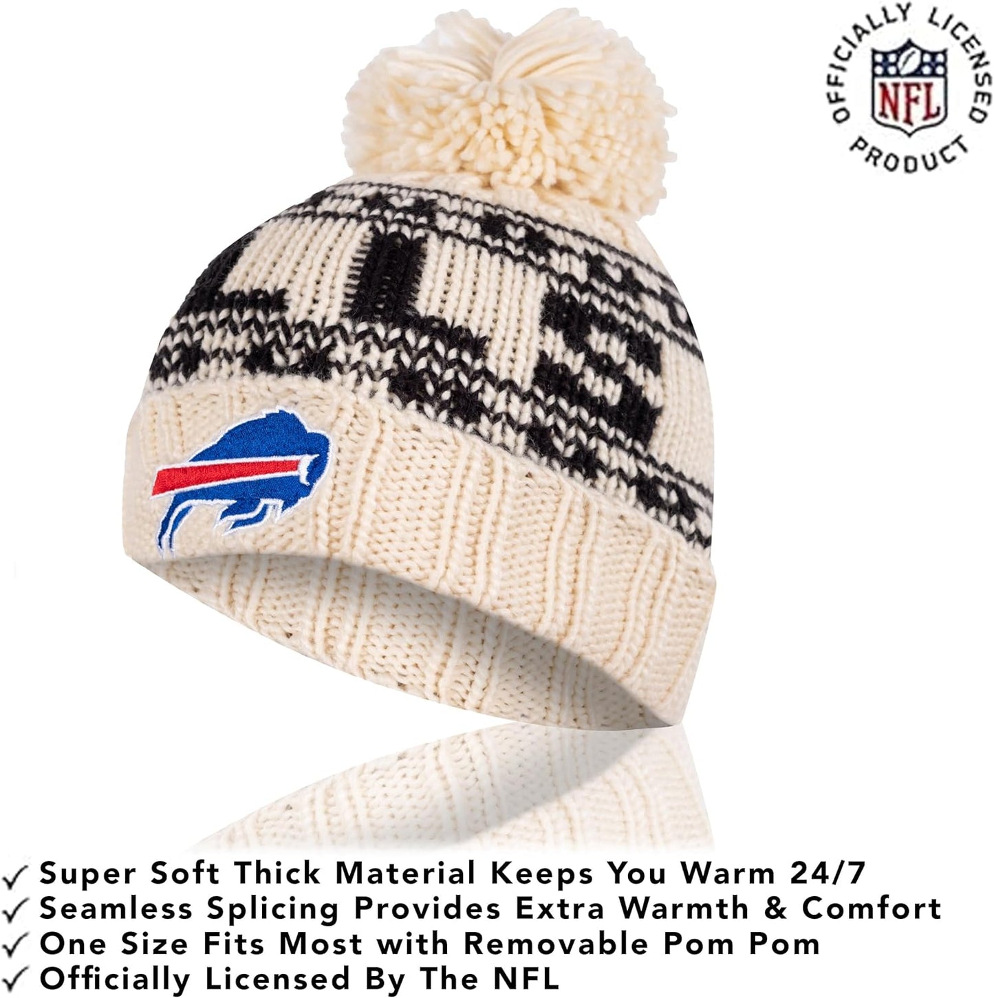 NFL Official Adults Super Soft Cable Knit Winter Beanie Knit Hat with Extra Warm Touch Screen Gloves|Buffalo Bills