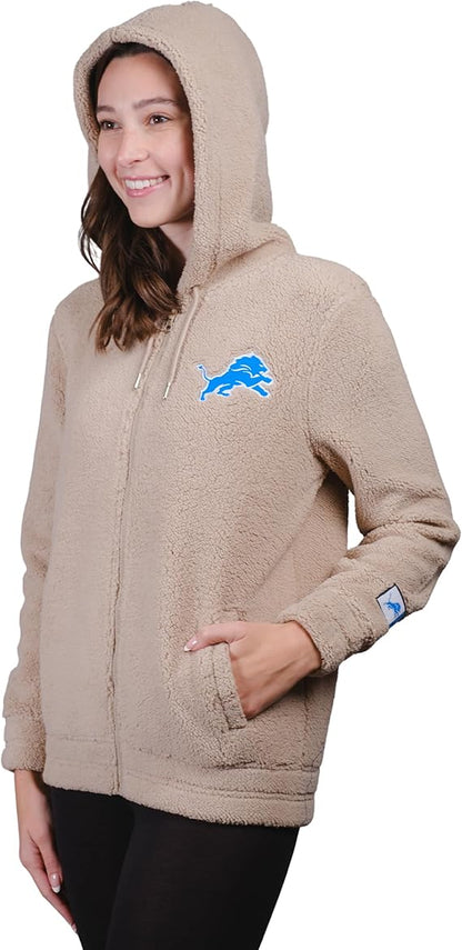 Ultra Game NFL Official Women's Super Soft Sherpa Full Zip Hoodie Sweatshirt Jacket, Detroit Lions, Sand|Detroit Lions