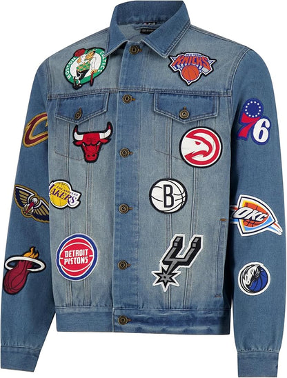 Ultra Game Men's NBA Official Distressed Multi-Team Denim Patch Jean Jacket, Multi Team, Denim|Multi Team