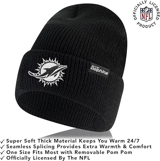 NFL Official Adults Super Soft Marled Winter Beanie Knit Hat with Extra Warm Touch Screen Gloves|Miami Dolphins