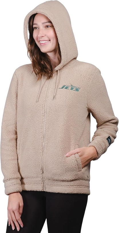 Ultra Game NFL Official Women's Super Soft Sherpa Full Zip Hoodie Sweatshirt Jacket, New York Jets, Sand|New York Jets