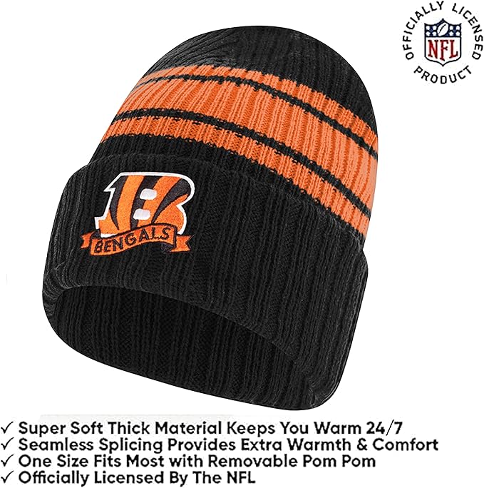 Ultra Game Youth NFL Official Super Soft Team Stripe Winter Beanie Knit Hat with Extra Warm Touch Screen Gloves|Cincinnati Bengals