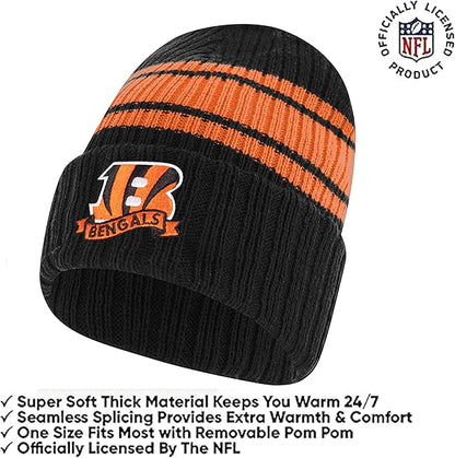 Ultra Game Youth NFL Official Super Soft Team Stripe Winter Beanie Knit Hat with Extra Warm Touch Screen Gloves|Cincinnati Bengals