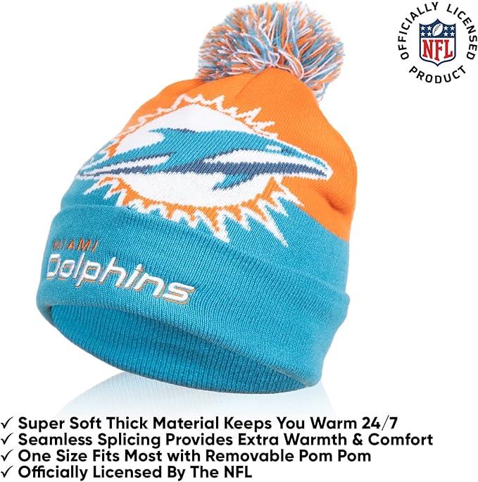 NFL Official Youth Super Soft Winter Beanie Knit Hat With Extra Warm Touch Screen Gloves|Miami Dolphins