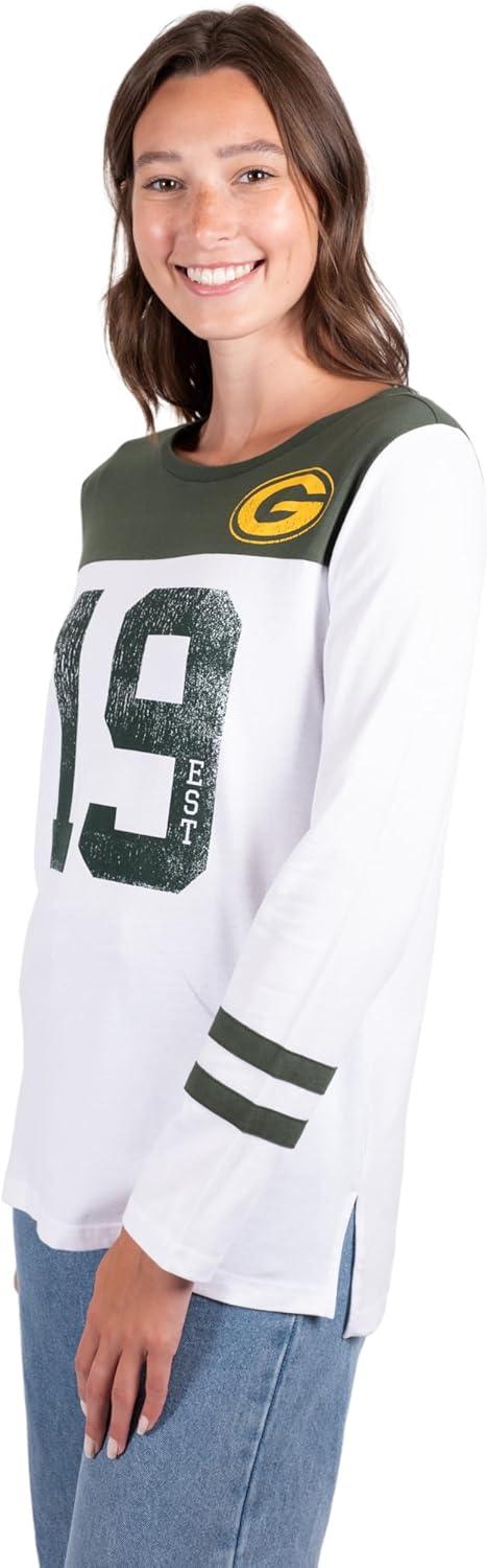 Ultra Game NFL Official Women's Super Soft Raglan Vintage Baseball T-Shirt, Green Bay Packers, White|Green Bay Packers