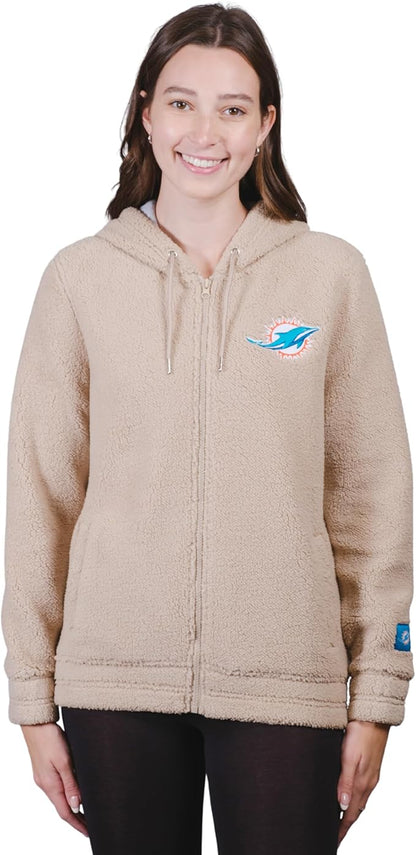 NFL Official Women's Super Soft Sherpa Full Zip Hoodie Sweatshirt Jacket|Miami Dolphins