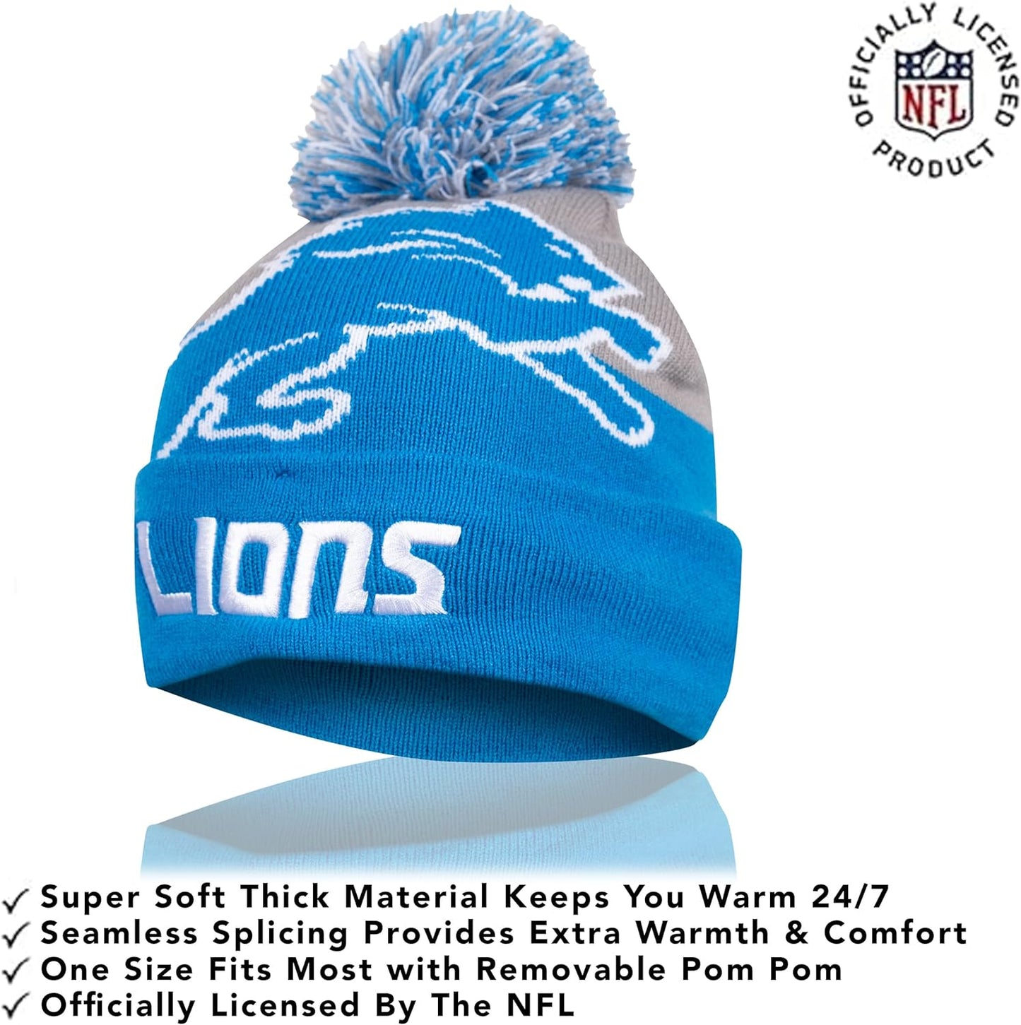 Ultra Game NFL Official Youth Super Soft Winter Beanie Knit Hat With Extra Warm Touch Screen Gloves, Detroit Lions, Team Color 2, 1SIZE|Detroit Lions