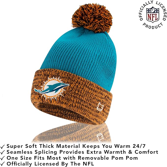 NFL Official Youth Super Soft Two Tone Winter Beanie Knit Hat with Extra Warm Touch Screen Gloves|Miami Dolphins