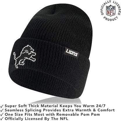 Ultra Game NFL Official Adults Super Soft Marled Winter Beanie Knit Hat with Extra Warm Touch Screen Gloves, Detroit Lions, Black, One Size|Detroit Lions