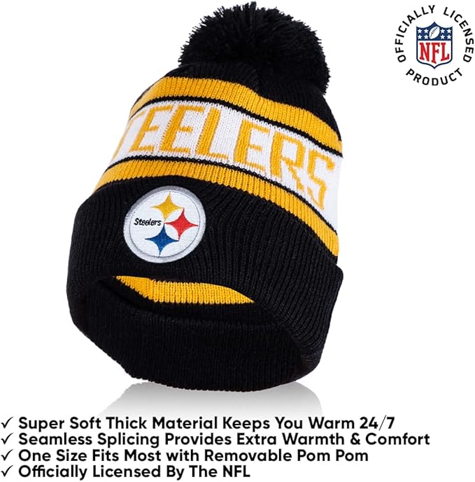 Ultra Game NFL Official Adults Unisex Super Soft Winter Beanie Knit Hat With Extra Warm Touch Screen Gloves, Pittsburgh Steelers, Team Color, 1SIZE|Pittsburgh Steelers