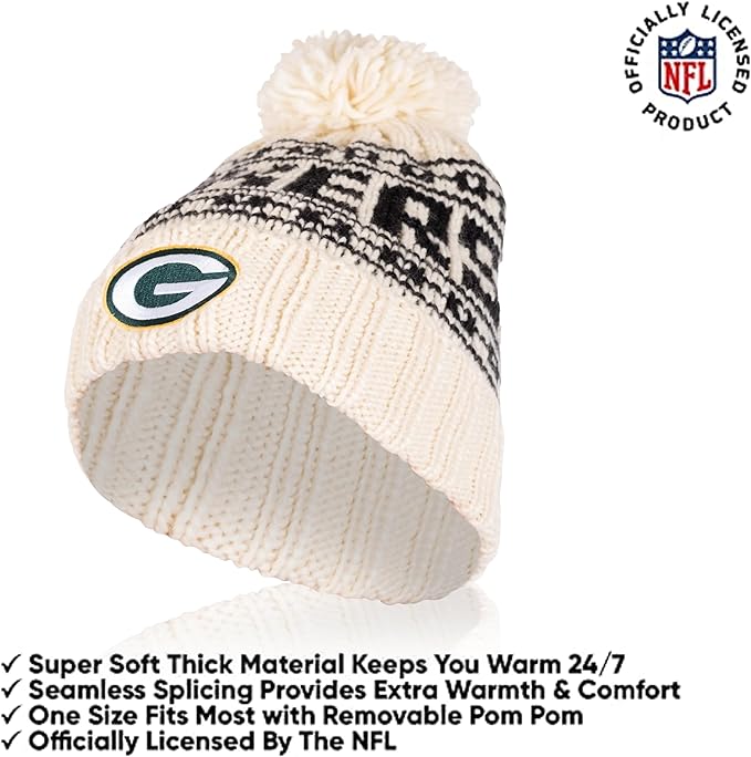 Ultra Game NFL Green Bay Packers Womens Super Soft Cable Knit Winter Beanie Knit Hat with Extra Warm Touch Screen Gloves|Green Bay Packers