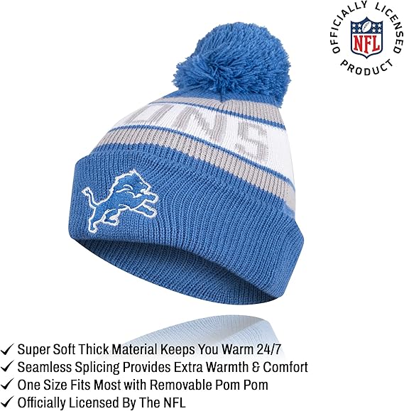 Ultra Game NFL Official Youth Super Soft Winter Beanie Knit Hat With Extra Warm Touch Screen Gloves, Detroit Lions, Team Color 1, 1 SIZE|Detroit Lions