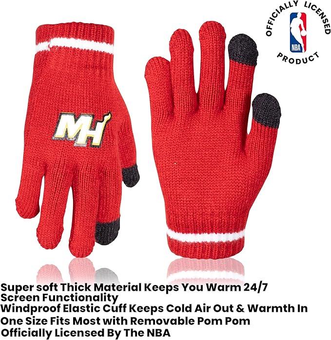 Ultra Game NBA Official Boys Girls Super Soft Winter Beanie Knit Hat With Extra Warm Touch Screen Gloves, Miami Heat, Team Color, 1SIZE|Miami Heat