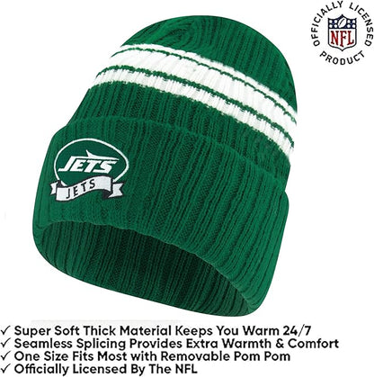 Ultra Game Youth NFL Official Super Soft Team Stripe Winter Beanie Knit Hat with Extra Warm Touch Screen Gloves|New York Jets