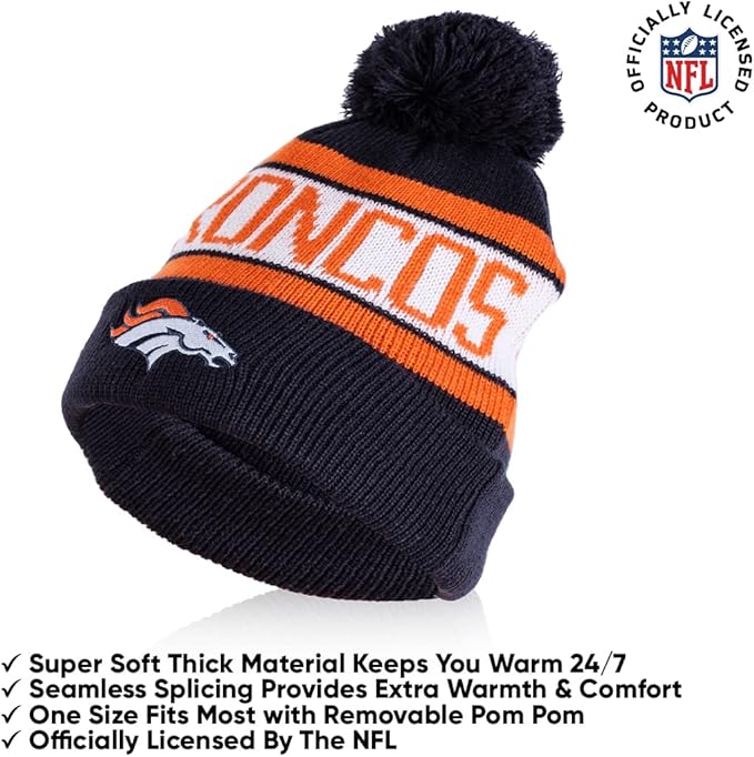 Ultra Game NFL Official Adults Unisex Super Soft Winter Beanie Knit Hat With Extra Warm Touch Screen Gloves, Denver Broncos, Team Color, 1SIZE|Denver Broncos