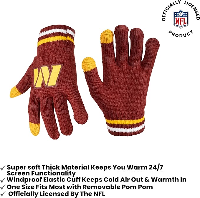 Ultra Game Youth NFL Official Super Soft Team Stripe Winter Beanie Knit Hat with Extra Warm Touch Screen Gloves|Washington Commanders