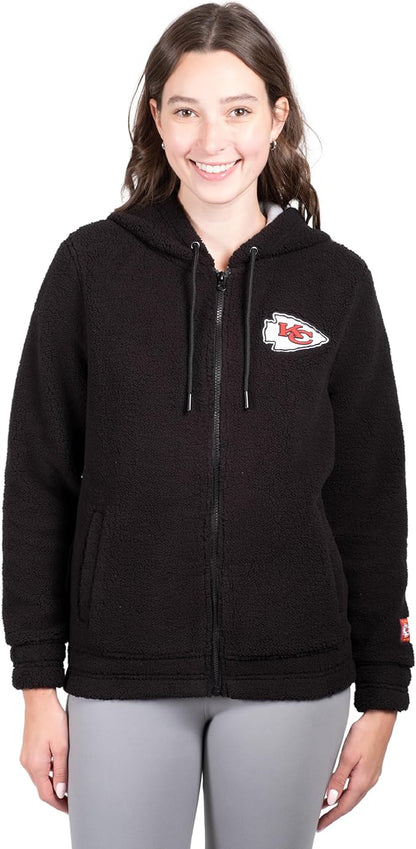 NFL Official Women's Full Zip Super Soft Sherpa Hoodie Sweatshirt Jacket - Warm Fleece Blend|Kansas City Chiefs