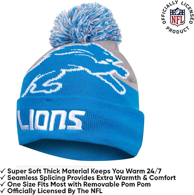 Ultra Game NFL Official Adults Unisex Super Soft Winter Beanie Knit Hat With Extra Warm Touch Screen Gloves, Detroit Lions, Team Color, 1SIZE|Detroit Lions