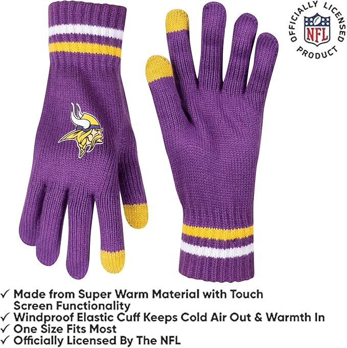 Ultra Game NFL Official Adults Unisex Super Soft Winter Beanie Knit Hat With Extra Warm Touch Screen Gloves, Minnesota Vikings, Team Color, 1SIZE|Minnesota Vikings