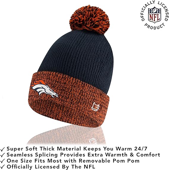 Ultra Game NFL Official Youth Super Soft Two Tone Winter Beanie Knit Hat with Extra Warm Touch Screen Gloves, Denver Broncos, Team Color, One Size|Denver Broncos