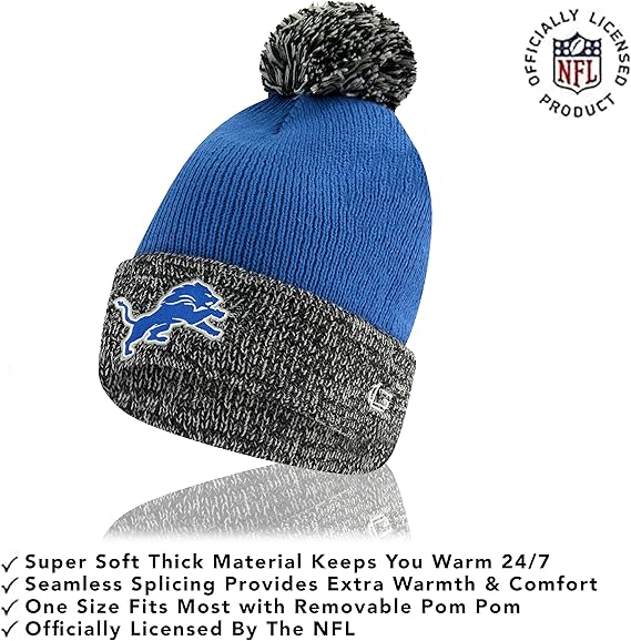 NFL Official Youth Super Soft Two Tone Winter Beanie Knit Hat with Extra Warm Touch Screen Gloves|Detroit Lions