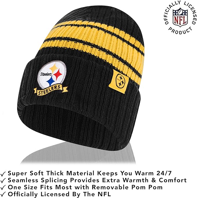 NFL Womens Super Soft Team Stripe Winter Beanie Knit Hat with Extra Warm Touch Screen Gloves|Pittsburgh Steelers