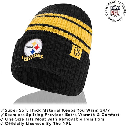 NFL Womens Super Soft Team Stripe Winter Beanie Knit Hat with Extra Warm Touch Screen Gloves|Pittsburgh Steelers