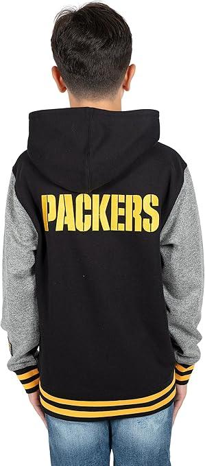 Ultra Game NFL official Youth Super Soft Full Zip Varsity Hoodie Sweatshirt, Green Bay Packers, Team Color|Green Bay Packers